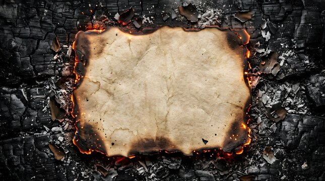  Burnt Antique Parchment Paper with Burned Edges on Charred Coal - Concept of Destroyed Evidence Forgotten History and Lost Secret Documents