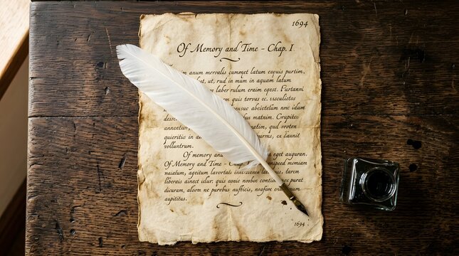Vintage Parchment Paper with Handwritten Calligraphy White Feather Quill and Inkwell - Retro Scholarly Writing and Historical Document Background Concept
