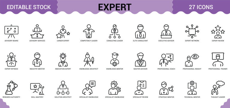 Expert professional icons set for advisory board services consulting leader and business training.