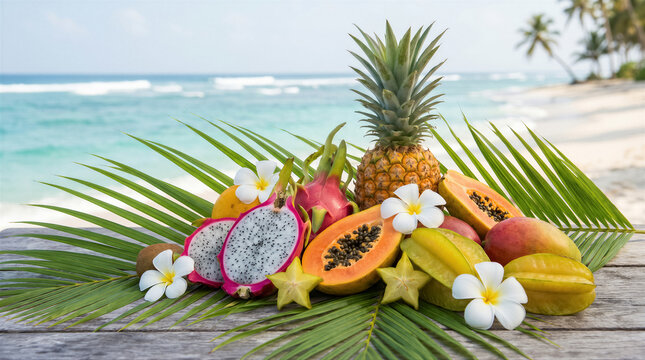 Tropical fruit composition with pineapple, papaya, dragon fruit, star fruit, mango and frangipani flowers on a wooden table by the sea