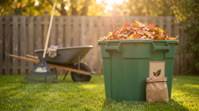 Green bin filled with autumn leaves, a rake, and a wheelbarrow in a backyard during sunset