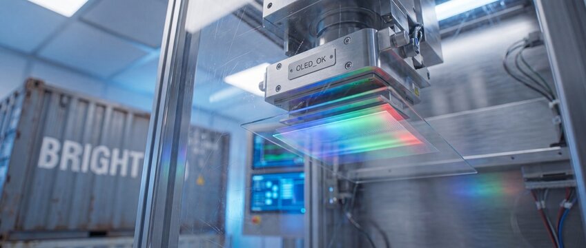 OLED display manufacturing robotic machine testing glowing glass panel screen in high tech cleanroom laboratory factory. Precise industrial automation technology for digital electronic screen product.