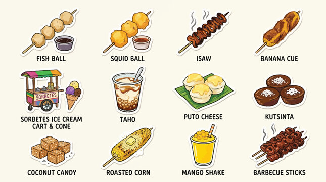 A vibrant collection of popular Filipino street food and snacks, including skewers, desserts, and drinks.