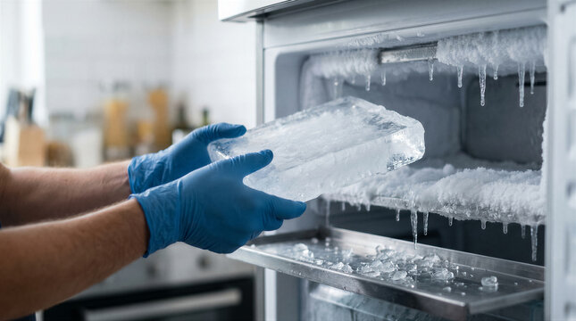 Closeup of a person wearing blue gloves holding a large, clear block of ice in front of a heavily frosted, icy freezer compartment