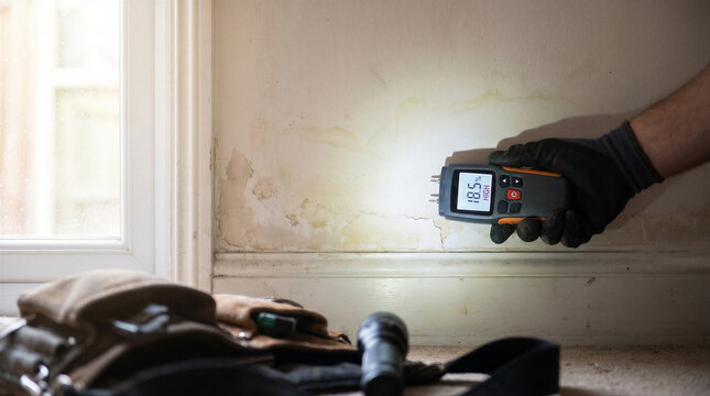Professional home inspector using a digital moisture meter to check for dampness and water damage on a residential interior wall near a window