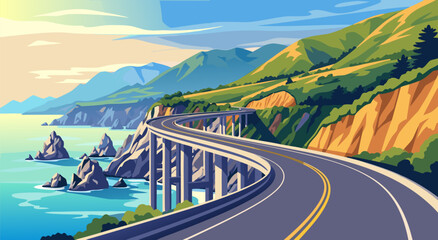 Fototapeta premium Coastal Highway Scenic Bridge View Vector Illustration for Travel Concepts 27