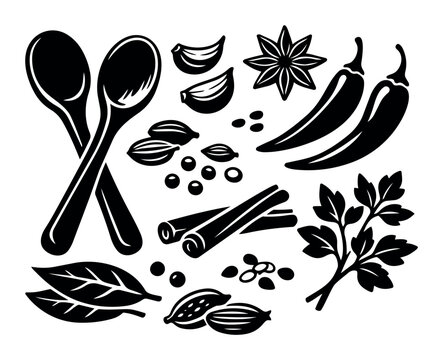 Various cooking spices, fresh herbs, and kitchen utensils creating a flat lay arrangement for culinary concepts