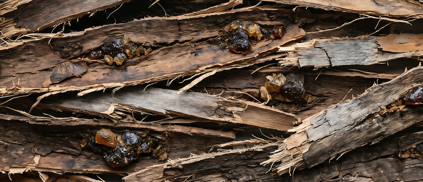 Close-up of raw organic tree bark with hardened amber resin