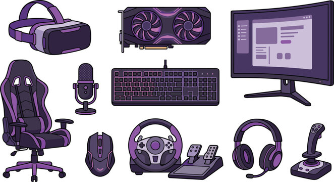 Purple gaming setup hardware vector illustration icon set with monitor chair keyboard mouse headset steering wheel gpu and vr glasses on white background