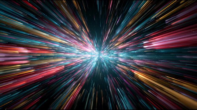 Bright streams of light move rapidly toward a center point, creating a dynamic display of colors against a dark background in space.