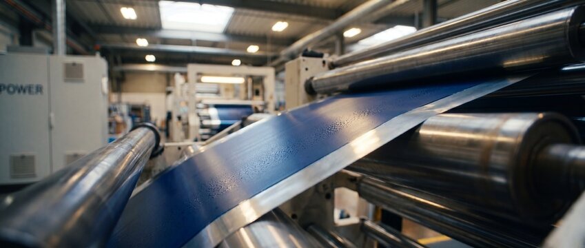 Industrial roller manufacturing line processing blue film sheet in modern automated factory facility, heavy duty steel machinery roll forming raw materials for global supply chain distribution process