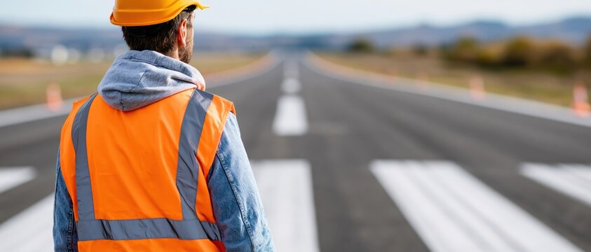 A worker wearing a reflective orange vest and a yellow hard hat looks out over an expansive runway, deep in thought about the ongoing construction and site management tasks ahead.