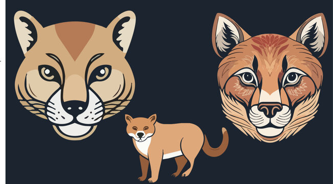Set of wild cat illustrations featuring a cougar, caracal, and a bobcat with detailed facial features and full body view on a dark background