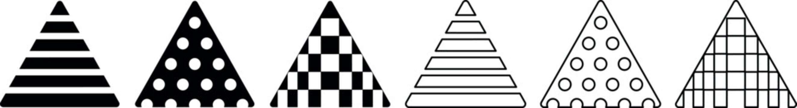 Set of six triangular pyramid shapes with various horizontal, dotted, and checkered patterns