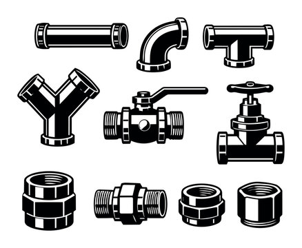 Various black and white plumbing components including pipes, elbows, tees, Y-connectors, ball valves, gate valves, and couplings