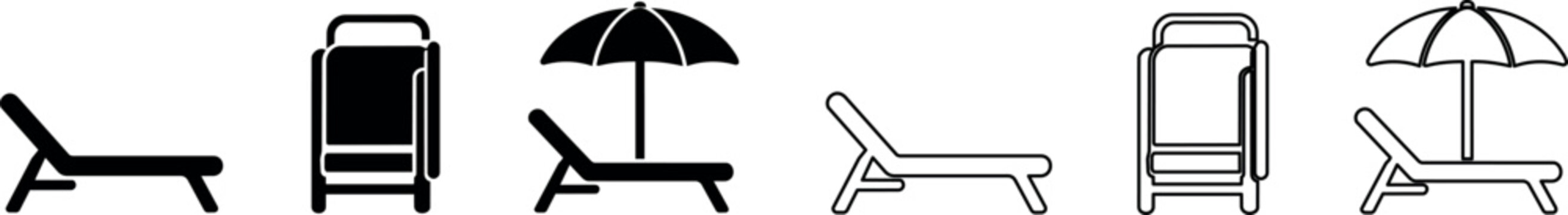 Sun lounger, towel rack, and beach umbrella icons in black and white styles