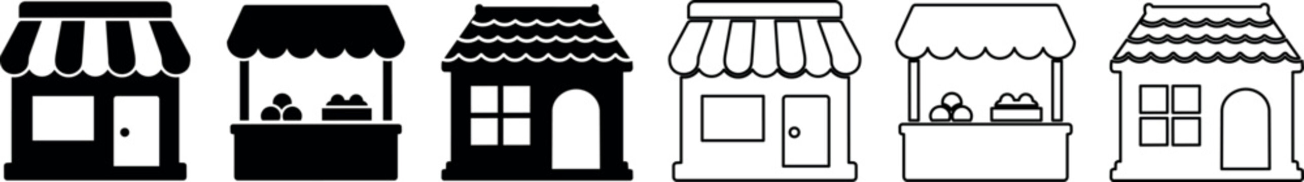 Market and storefront icons in solid and outline style with awnings and product stands