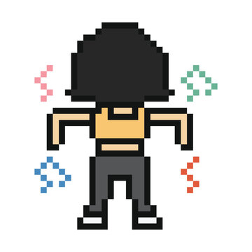 Cute cartoon woman dance or aerobics exercise, pixel art style 8 bit music back view workout.