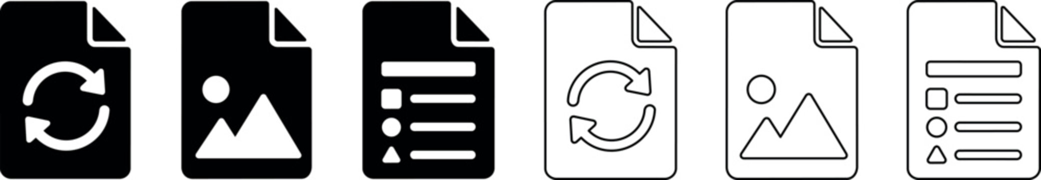 Set of six document icons showing refresh, image, and list designs in solid and outline styles