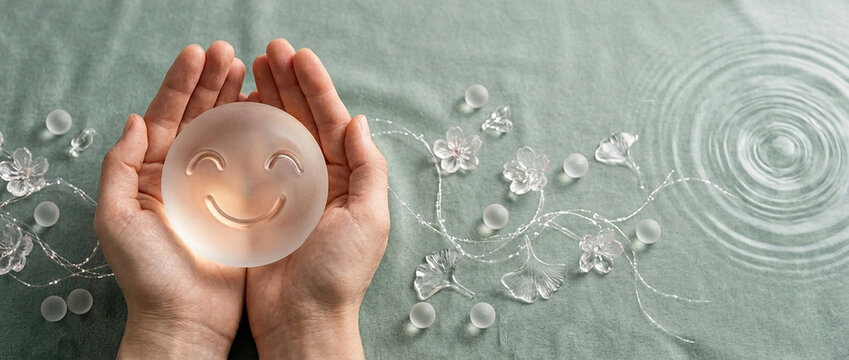 Top view of human hands holding a frosted glass smiley face disc surrounded by delicate crystal flowers and water ripples on a soft green background