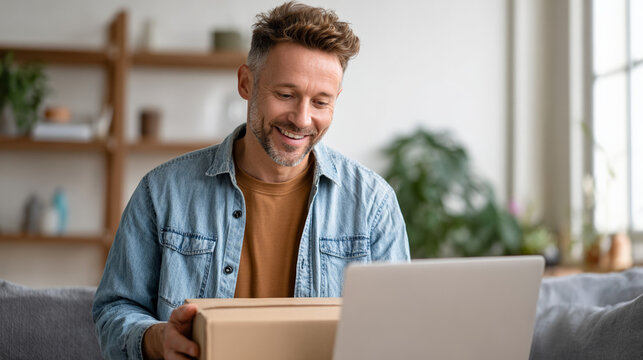 Middle aged man smiling while unboxing package at home office