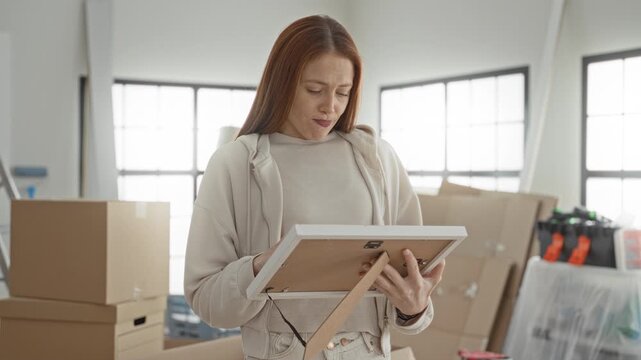 Woman holding a picture frame to her chest with hands visible amid stacked moving boxes inside a building; quiet nostalgia.