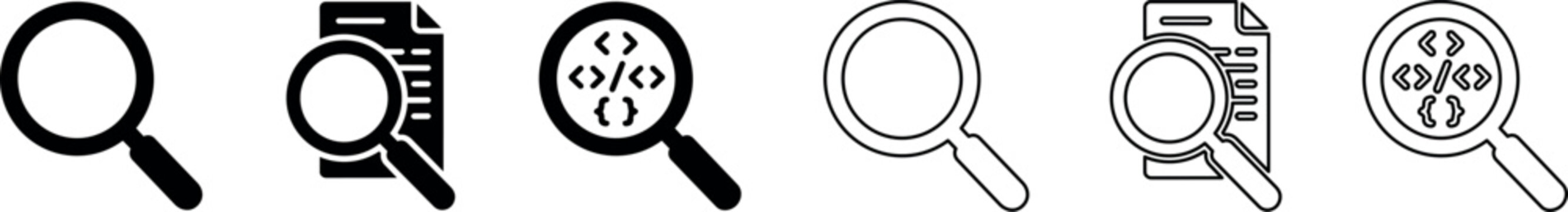 Set of magnifying glass icons with document and code symbols in black and outline styles