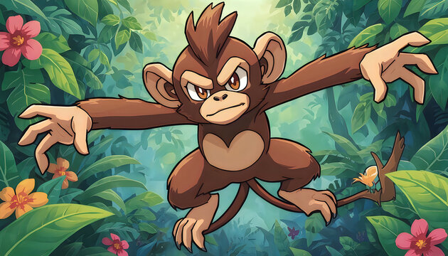 Cartoon monkey swinging arms in jungle background