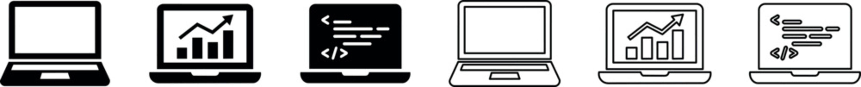 Set of laptop computer icons with graph and coding screen designs