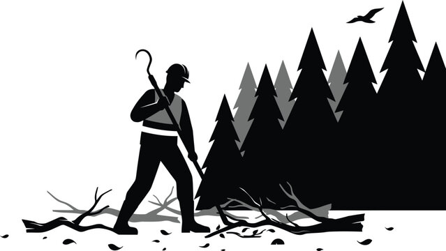 Forestry worker silhouette logging trees with hook tool forestry lumberjack silhouette outdoors environment