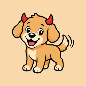 Little Devil Dog: A charming cartoon illustration of a small, golden-brown puppy wearing red devil horns, with a mischievous grin and wagging tail, perfect for playful designs.