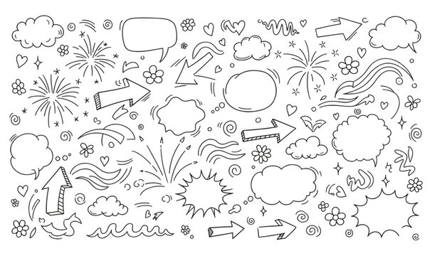 Premium Festive Doodle  Design Accent Mega Bundle - Hand-Drawn Fireworks, Speech Bubbles, Aesthetic Clouds  Dynamic Arrows Vector Graphics for Social Media