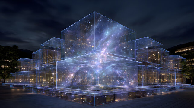 Futuristic architectural structure made of transparent cubes glows with holographic galaxy effect at night, creating mesmerizing and ethereal atmosphere