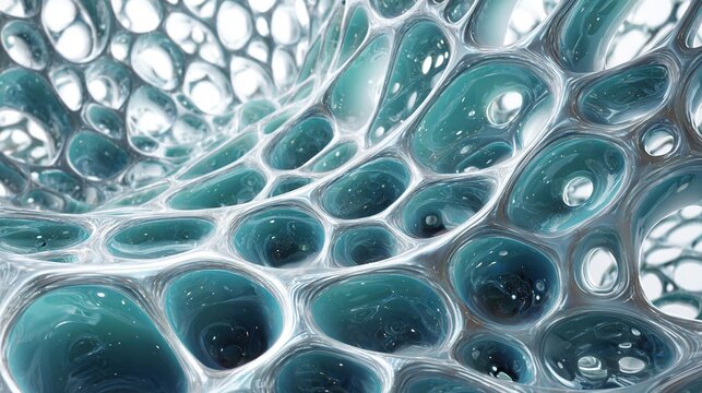 Close-up of the macroscopic texture of the organic blue porous surface, with its complex cavity structure, natural sponge-like shape, and smooth reflective material.