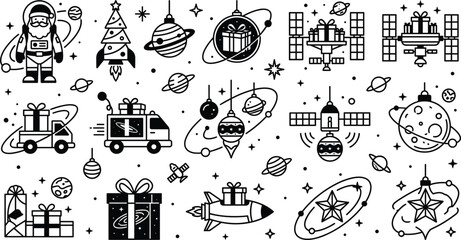Futuristic Christmas in space line icons set featuring astronaut Santa Claus rocket tree cosmic planet ornaments satellite delivery truck and holiday gifts vector © Sujon Shah