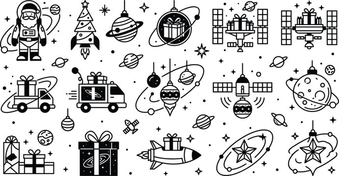 Futuristic Christmas in space line icons set featuring astronaut Santa Claus rocket tree cosmic planet ornaments satellite delivery truck and holiday gifts vector