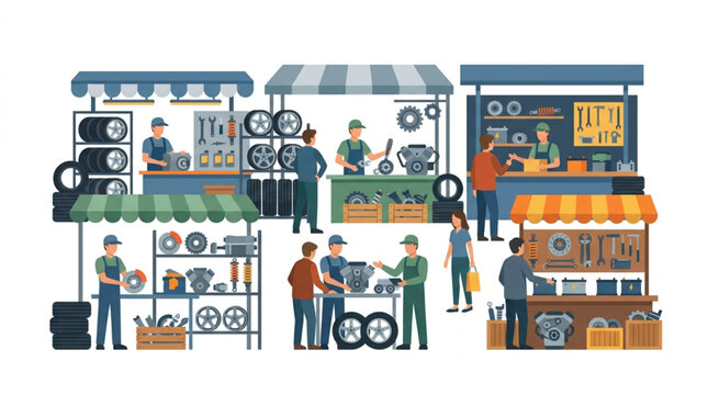 Automotive parts market stalls with mechanics and customers.