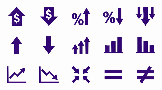 Business and Finance Icons: Growth, Decline, Statistical Graphs, Comparison Symbols