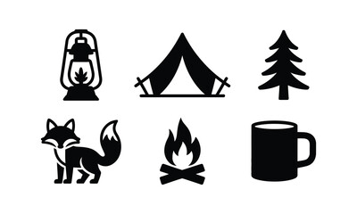 Fototapeta premium Camping vector icon set. lantern, tent, pine tree, fox, campfire, and mug.