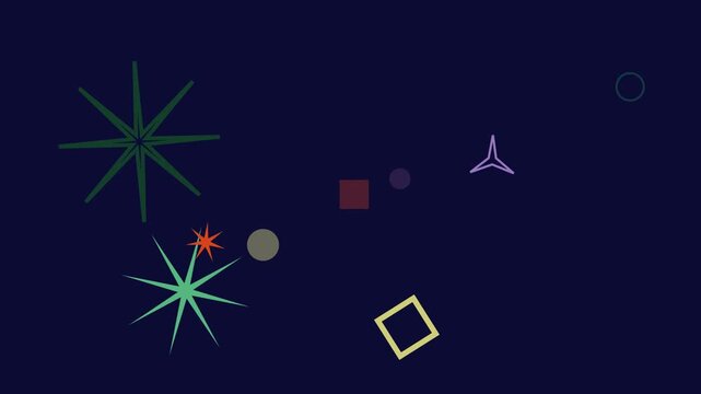 Abstract geometric shapes twinkling in a dark blue night sky with subtle bokeh effects