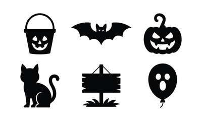 Fototapeta premium Halloween vector icons. trick or treat bucket, bat, pumpkin, cat, sign, ghost balloon.