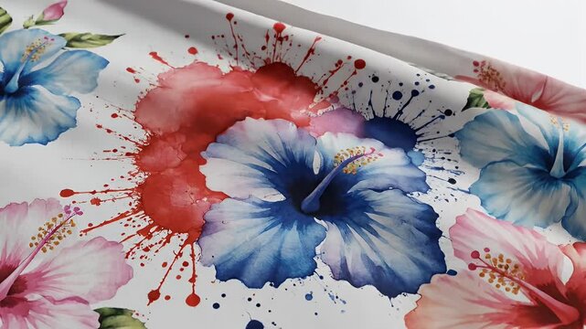 Vibrant Multicolored Hibiscus Floral Pattern with Watercolor Splashes and Leaves