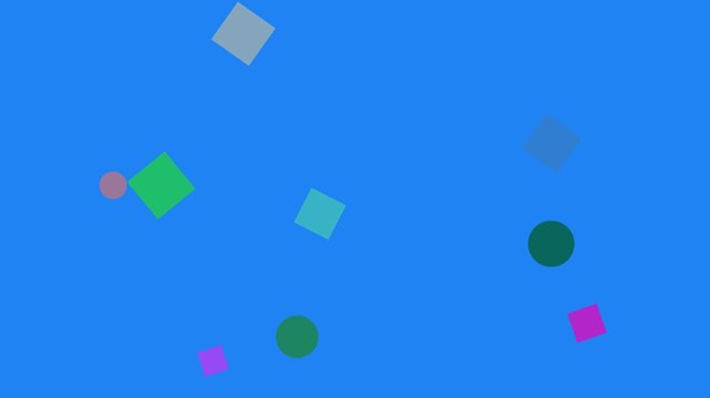 Abstract shapes float across a vibrant blue background with black negative space for text overlay