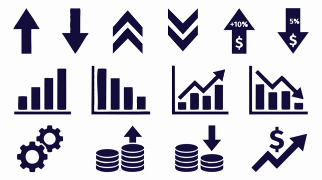 Business and financial icons set showing growth, decline, and market trends