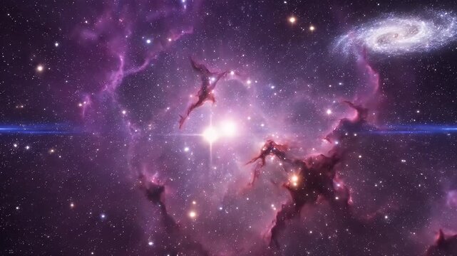 Vibrant Purple Nebula with Eruptive Dark Pillars and a Distant Spiral Galaxy in Deep Space