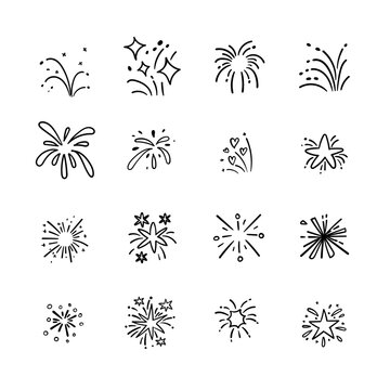 Hand Drawn Fireworks Doodle Line Icon Set, Sparkles and Starburst Vector Elements for Celebration, Party, and New Year Design