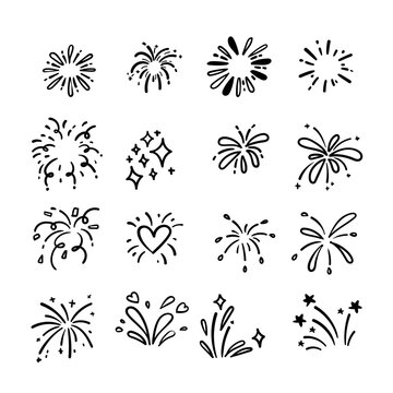 Hand Drawn Fireworks Doodle Line Icon Set, Sparkles and Starburst Vector Elements for Celebration, Party, and New Year Design