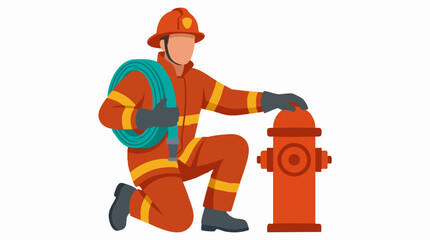 Fototapeta premium Firefighter with fire hose and hydrant, flat vector illustration