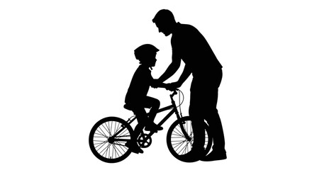 Obraz premium Happy Father's Day Father teaching son to ride bike, cycling lessons, family fun, outdoor activities, black silhouette isolated on White Background vector