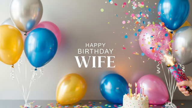 Birthday celebration, colorful balloons, confetti, cake, romantic gift